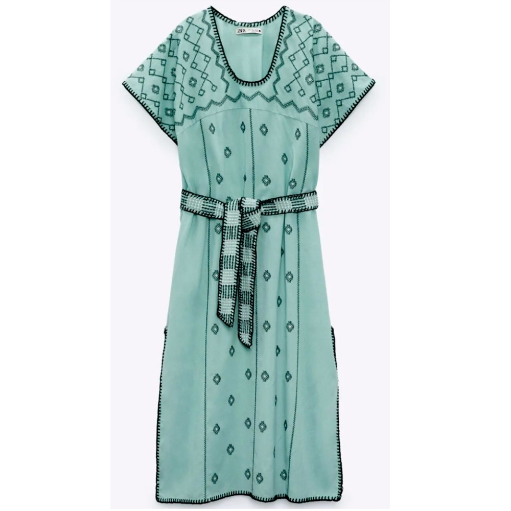 Zara NWOT embroidered mint green Kaftan dress - Picture 4 of 9